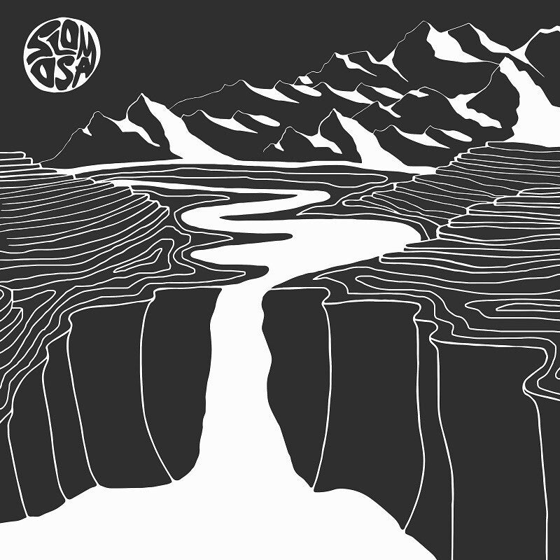 Black and white line art of mountains, water, and a circular logo.