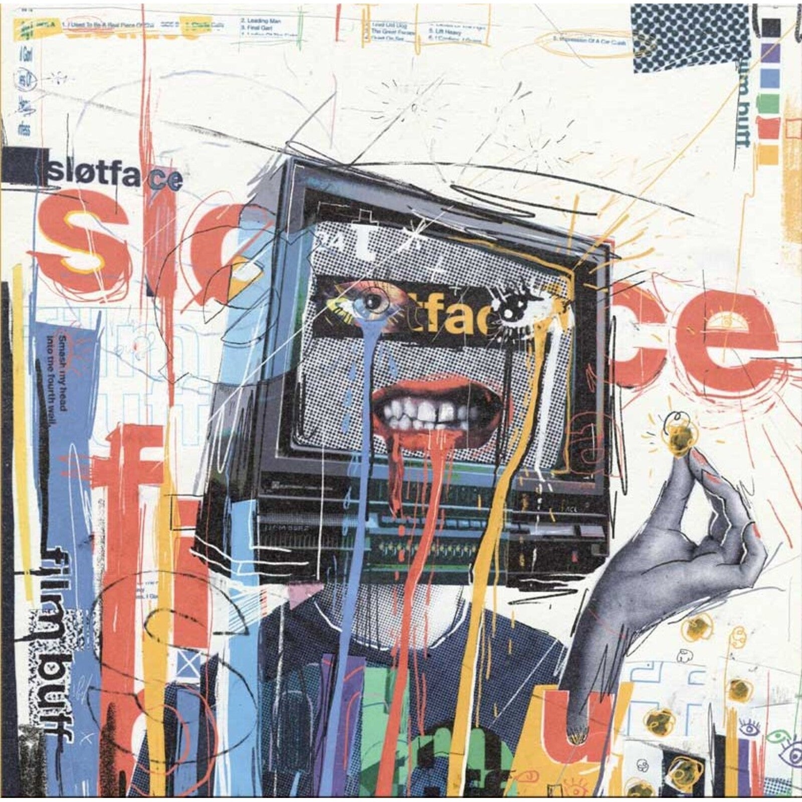 Collage art of a person with a television head displaying eyes and a mouth.