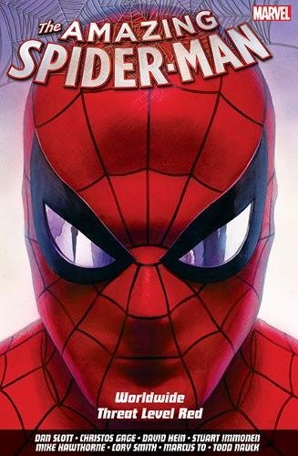 Close-up of Spider-Man’s red and black mask, comic book cover.