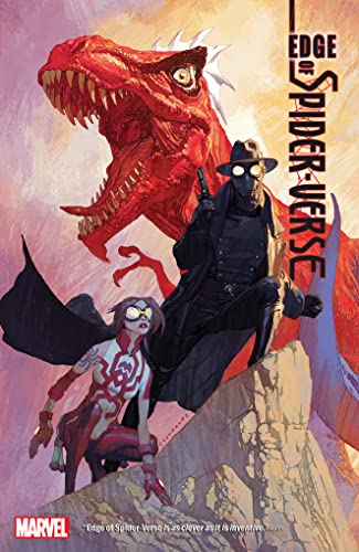 Spider-Man Noir, Spider-Woman, and a large red dinosaur on a rocky cliffside.