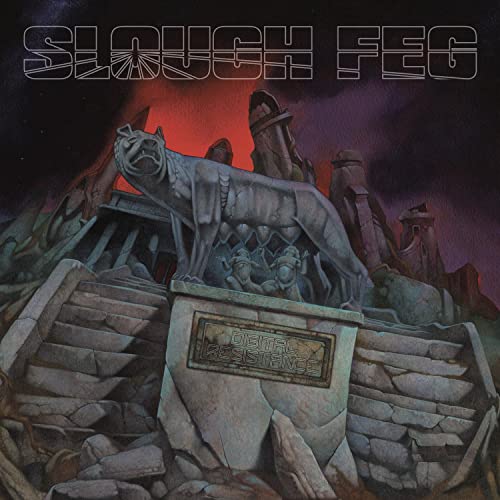 Album cover art featuring a stone wolf statue atop a pedestal before ruined buildings.