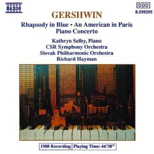 Compact disc cover featuring Gershwin's compositions with a cityscape image at dusk.