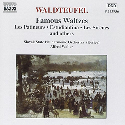 "CD cover with winter scene painting and text describing 'Waldteufel: Famous Waltzes' music album."