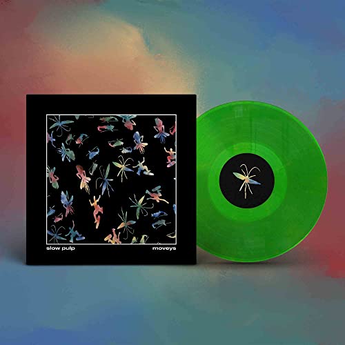 Neon green vinyl record with black cover featuring colorful insect illustrations.