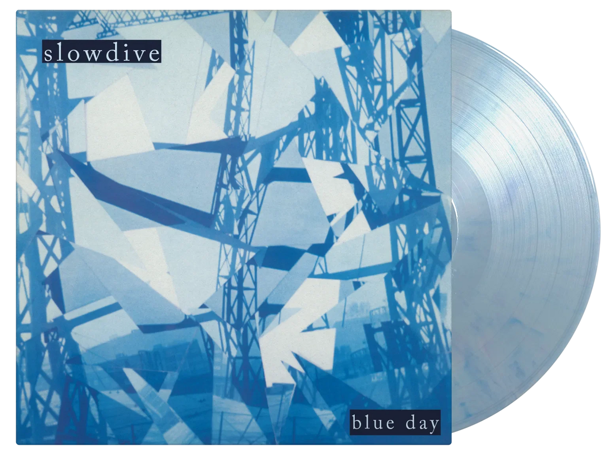 Slowdive “Blue Day” vinyl record with abstract blue tower imagery.