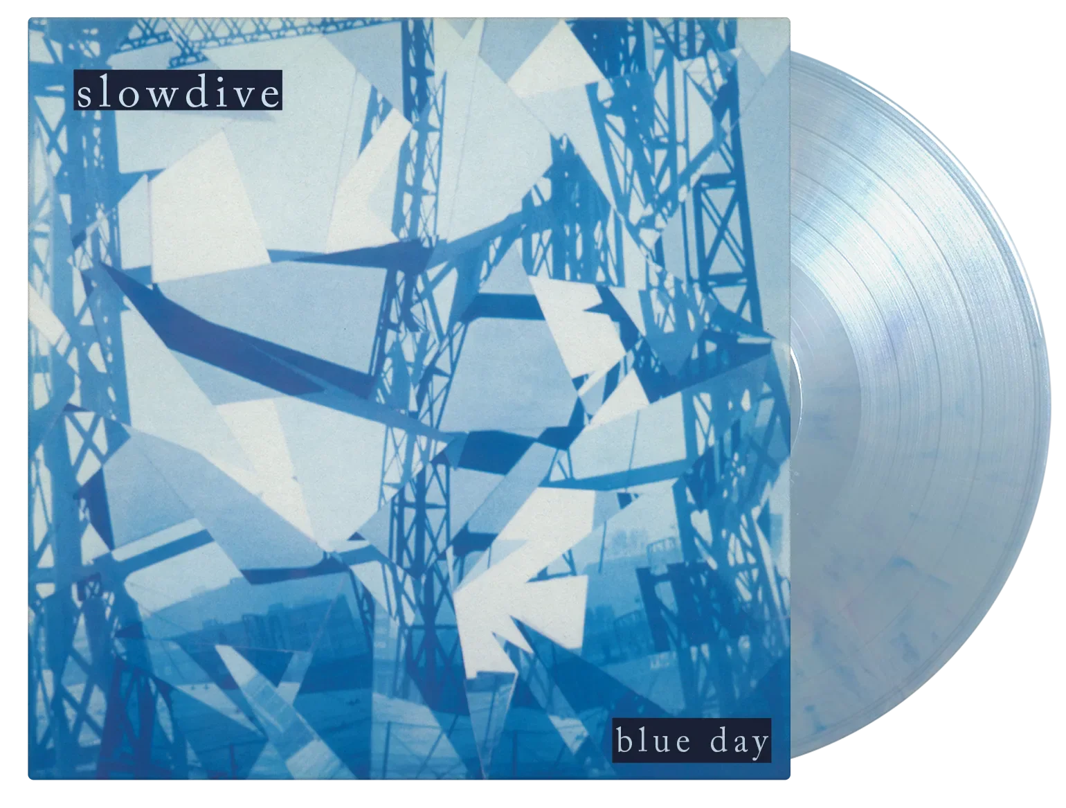 Slowdive “Blue Day” vinyl record with abstract blue tower imagery.