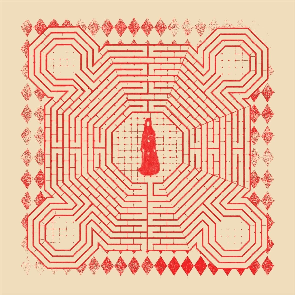 Red labyrinth design with a central figure in a long red garment.