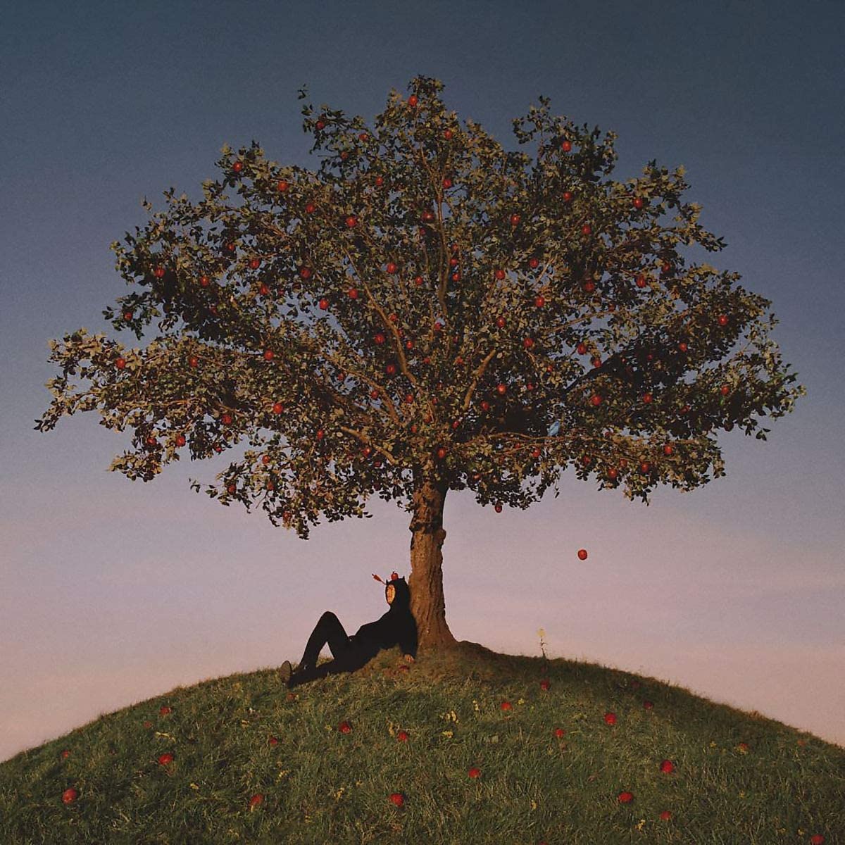 "Album cover featuring a person sitting under a tree with red fruit."