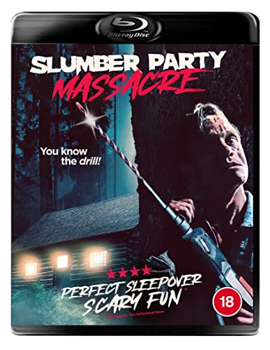 Slumber Party Massacre" Blu-ray cover featuring a masked figure with a drill.