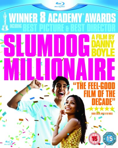 Blu-ray cover for Slumdog Millionaire featuring a smiling couple surrounded by falling confetti.