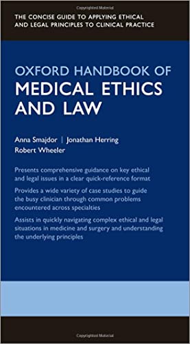Dark blue book cover with white text: "Oxford Handbook of Medical Ethics and Law".