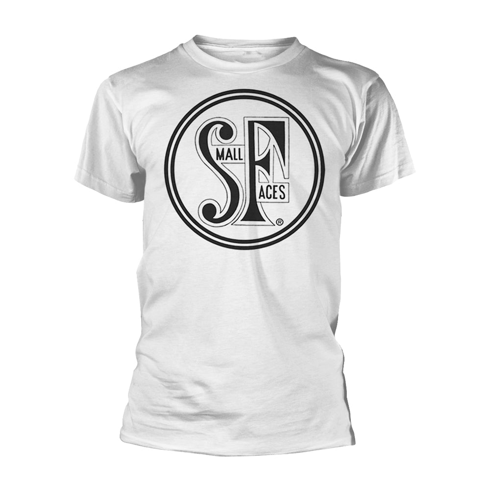 White t-shirt with black circular logo featuring “SF” and text.
