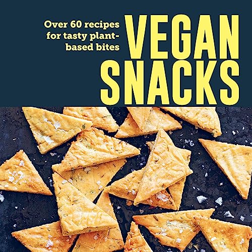 Book cover titled Vegan Snacks with yellow text over triangular baked snacks on black.
