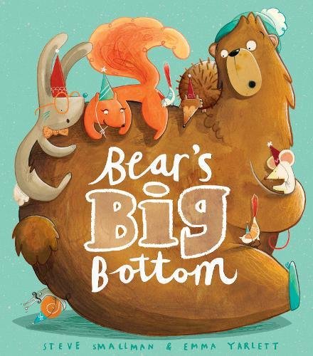 A large brown bear surrounded by small animals wearing party hats on a teal background.
