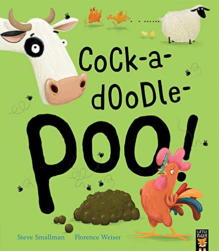Children's book cover featuring a cow, a rooster, a sheep, and a pile of dung.