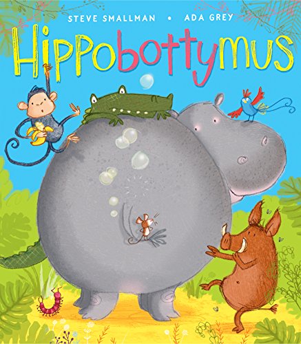 Book cover: hippopotamus with animals, bubbles, and jungle foliage.