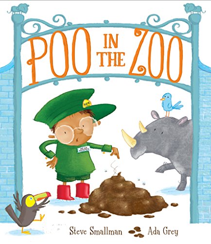 A zookeeper points at a pile of animal droppings in front of a rhino.