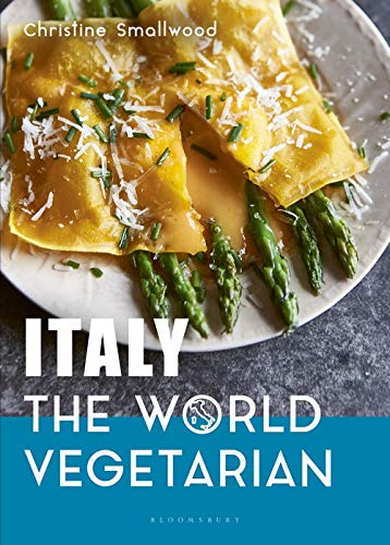 Book cover: "Italy: The World Vegetarian" with ravioli and asparagus.