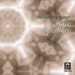 CD cover with beige background, geometric pattern, and text "Smaro Gregoriadou: reinventing guitar!".