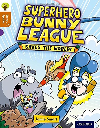 Cartoon cover showing superhero bunnies flying above a city with a large grey monster.
