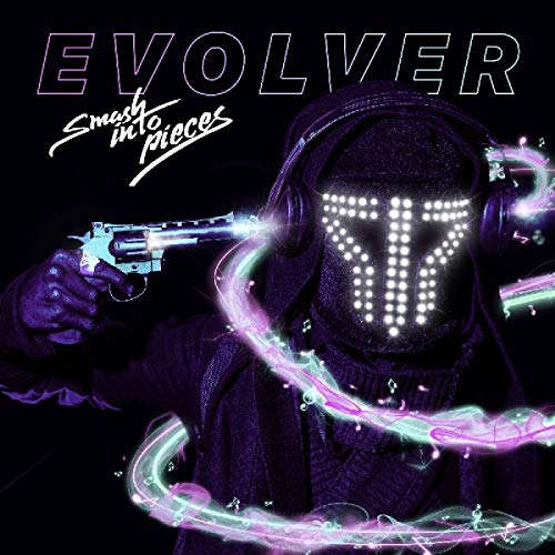 Hooded figure with glowing mask holding a gun, purple and white effects.
