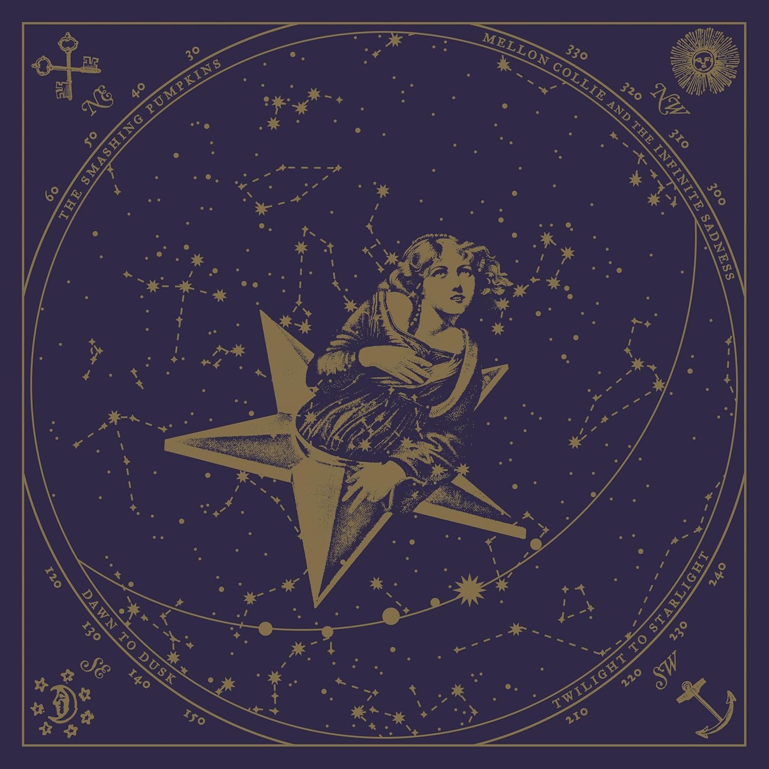 “Mellon Collie and the Infinite Sadness” album cover with star map and figure.