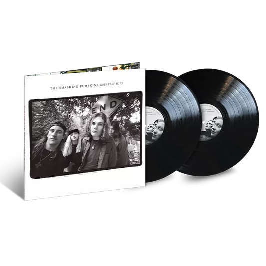 Black and white photo of The Smashing Pumpkins album “Rotten Apples” vinyl record.