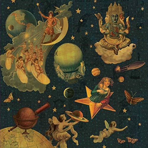 Surreal album cover with celestial imagery, figures, and planets on dark blue.