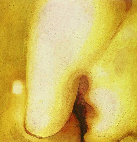 Yellow and white abstract shapes on a textured background.