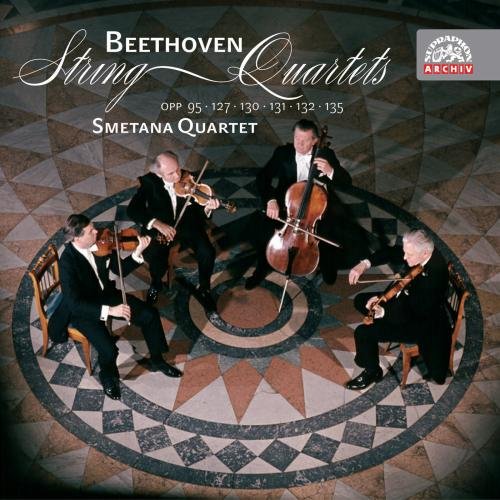 Smetana Quartet performing, Beethoven quartets album cover with musicians and marbled floor.