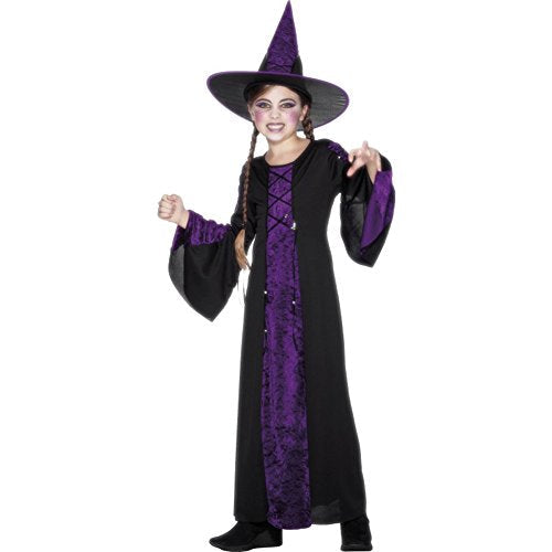 Child in a purple and black witch costume with hat.
