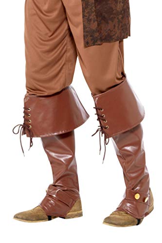 Brown pirate bootcovers with lace-up detailing, shown on legs with shoes.