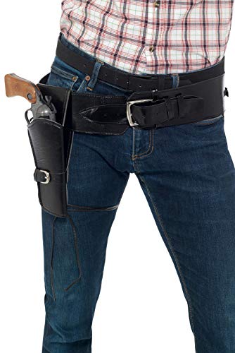 Black faux leather holster and belt with a toy revolver shown.