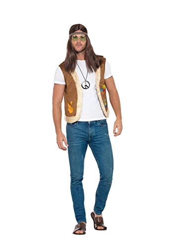 Man wearing a brown hippie waistcoat with faux fur trim, white t-shirt, and jeans.