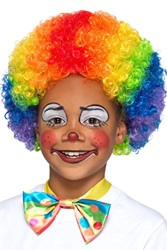 Rainbow afro wig on a child with clown makeup and a bow tie.