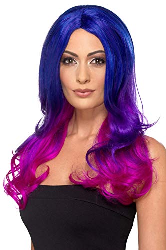 Long wavy wig with a blue and pink ombre color effect.