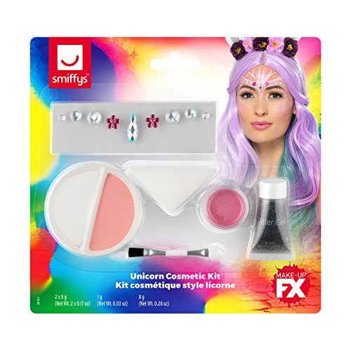 Smiffys unicorn cosmetic kit featuring face gems, makeup, glitter gel, and an applicator.