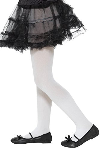 White tights on a model's legs, paired with a black skirt and shoes.