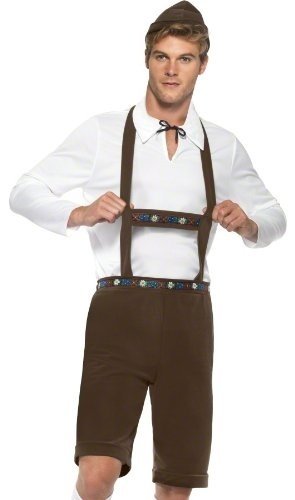 Man wearing traditional Bavarian costume: brown lederhosen, white shirt, socks, and boots.