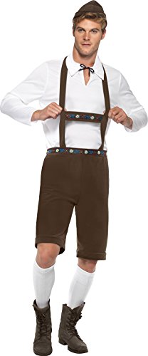 Man wearing traditional Bavarian costume, including brown lederhosen, white shirt, and suspenders.