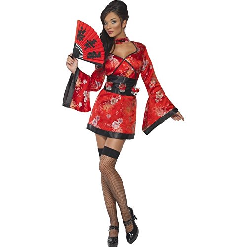 Woman in a red floral geisha costume holding a red fan.