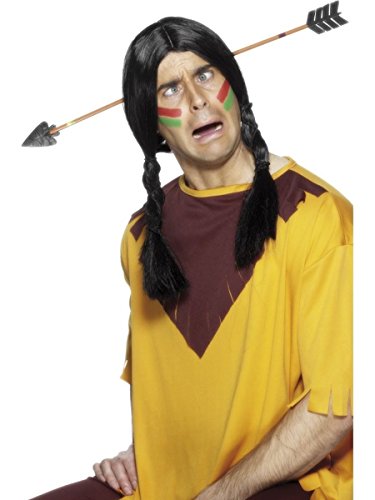 A man wearing a black wig with an arrow prop appearing to pierce his head.