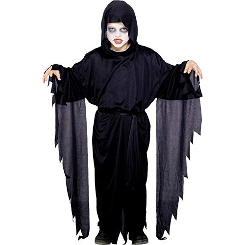 Black hooded robe and pants costume with tattered grey sleeves and white face paint.