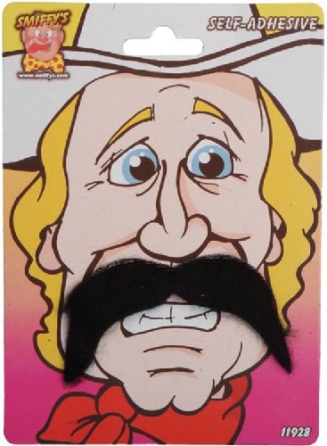 Black, self-adhesive cowboy mustache on card with illustrated face.