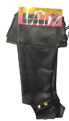 Black shiny pirate boot covers with gold buttons and laces, on a white background.
