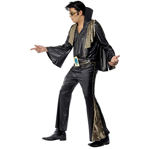 Man in a black Elvis costume with a cape and flared pants.