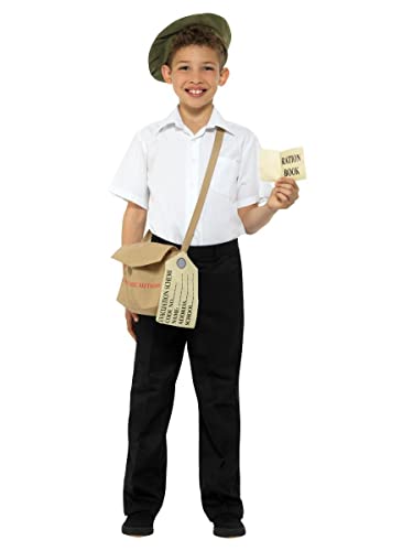 Boy in a flat cap, white shirt, and black trousers holding a book.
