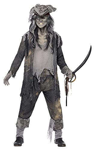 Person in a tattered grey ghost pirate costume holding a curved sword.