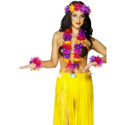 Woman wearing a colorful Hawaiian costume with floral accessories.