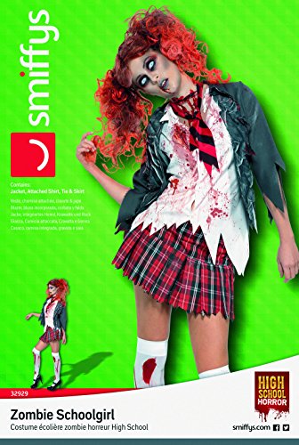 "Woman dressed as a zombie schoolgirl, wearing a plaid skirt and bloody attire."